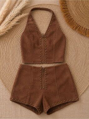 Fashion Nova Brown Faux Suede Studded 2 Piece Rodeo Western Set
